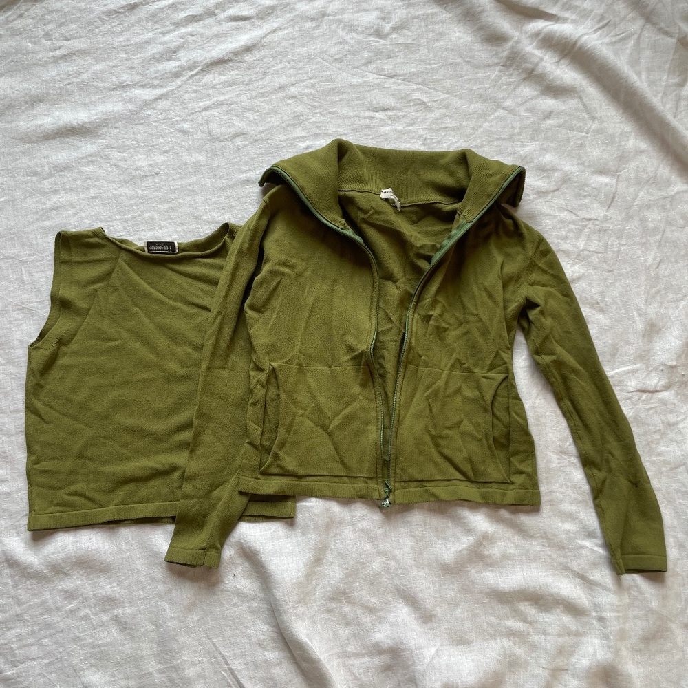 Morimondo Milan - Y2K Knit Crop Top and Zip Jacket - Green - Sz XS